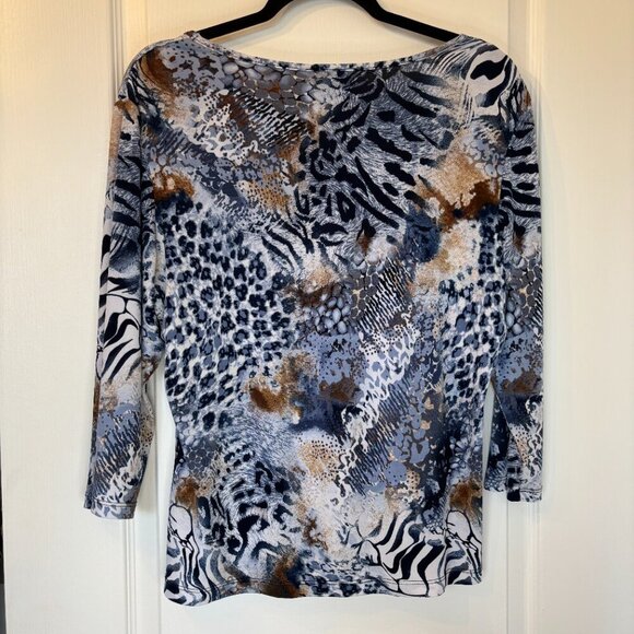 Vintage Animal Print Top Blue Brown Abstract Size Large - Picture 6 of 7